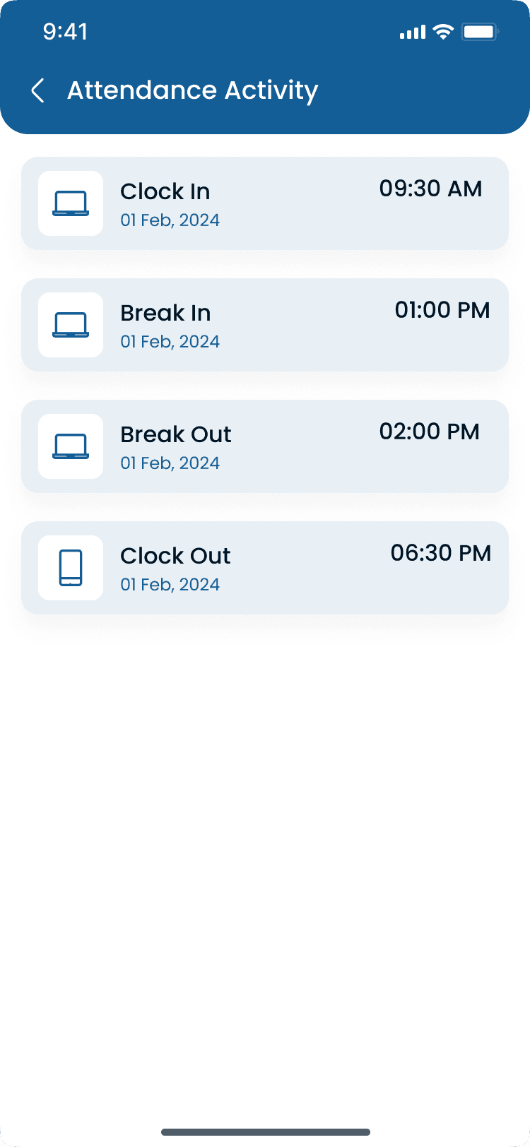 Attendance activity on the Heyshift mobile app