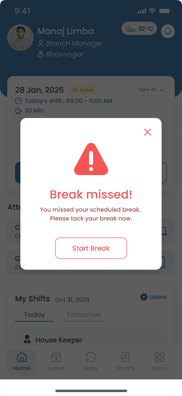 Break missed alert on the Heyshift mobile attendance app
