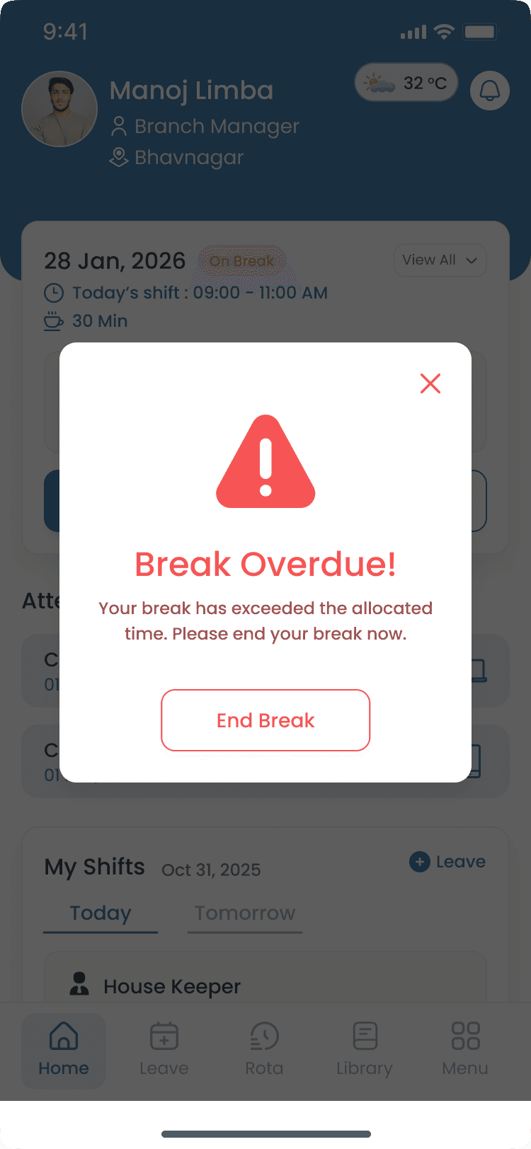 Break overdue alert on the Heyshift mobile attendance app