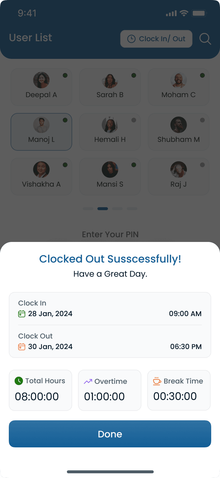 Kiosk clock out screen on the Heyshift attendance kiosk