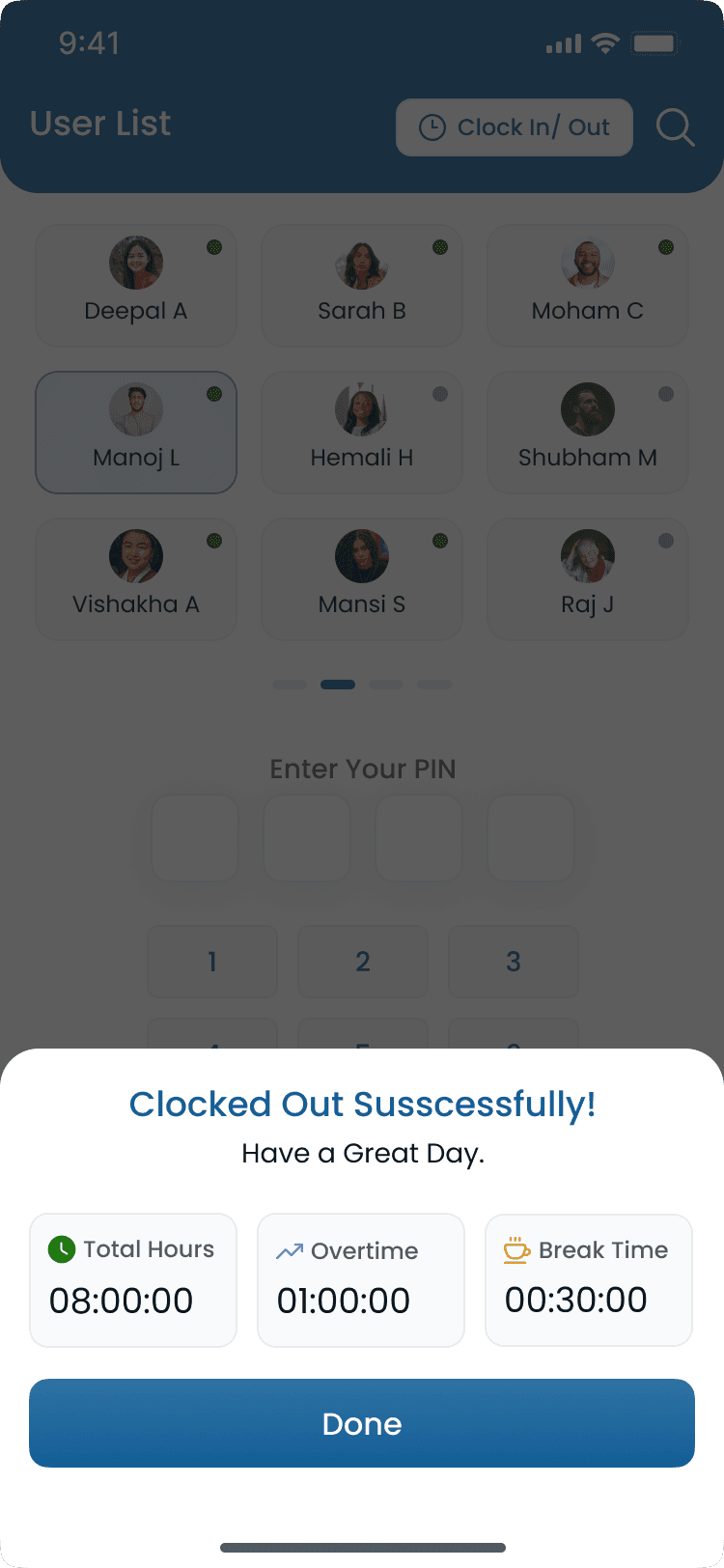 Staff clock out flow on the Heyshift mobile attendance app