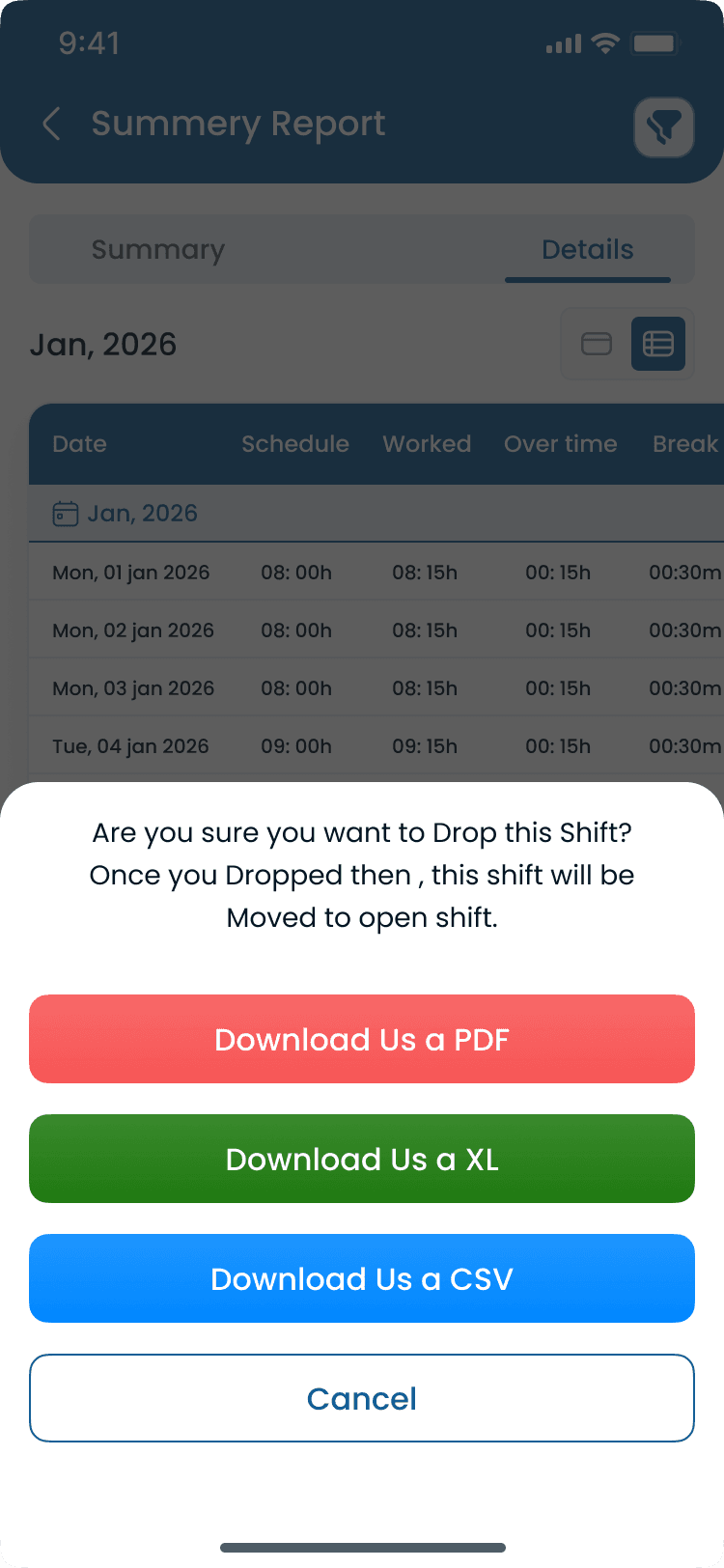 Download attendance table report on the Heyshift manager mobile app