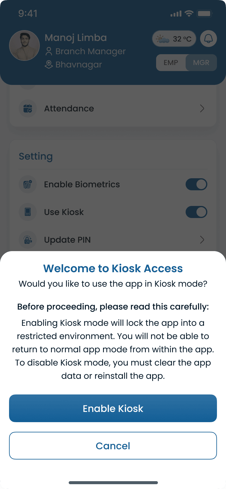 Enable kiosk mode on the Heyshift attendance kiosk