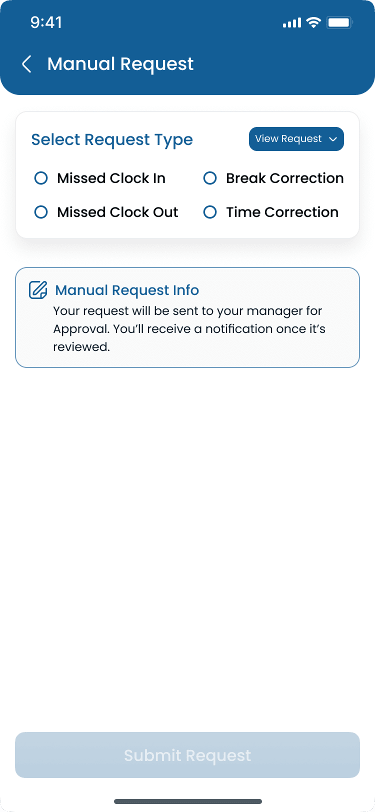 Manual attendance request on the Heyshift mobile app