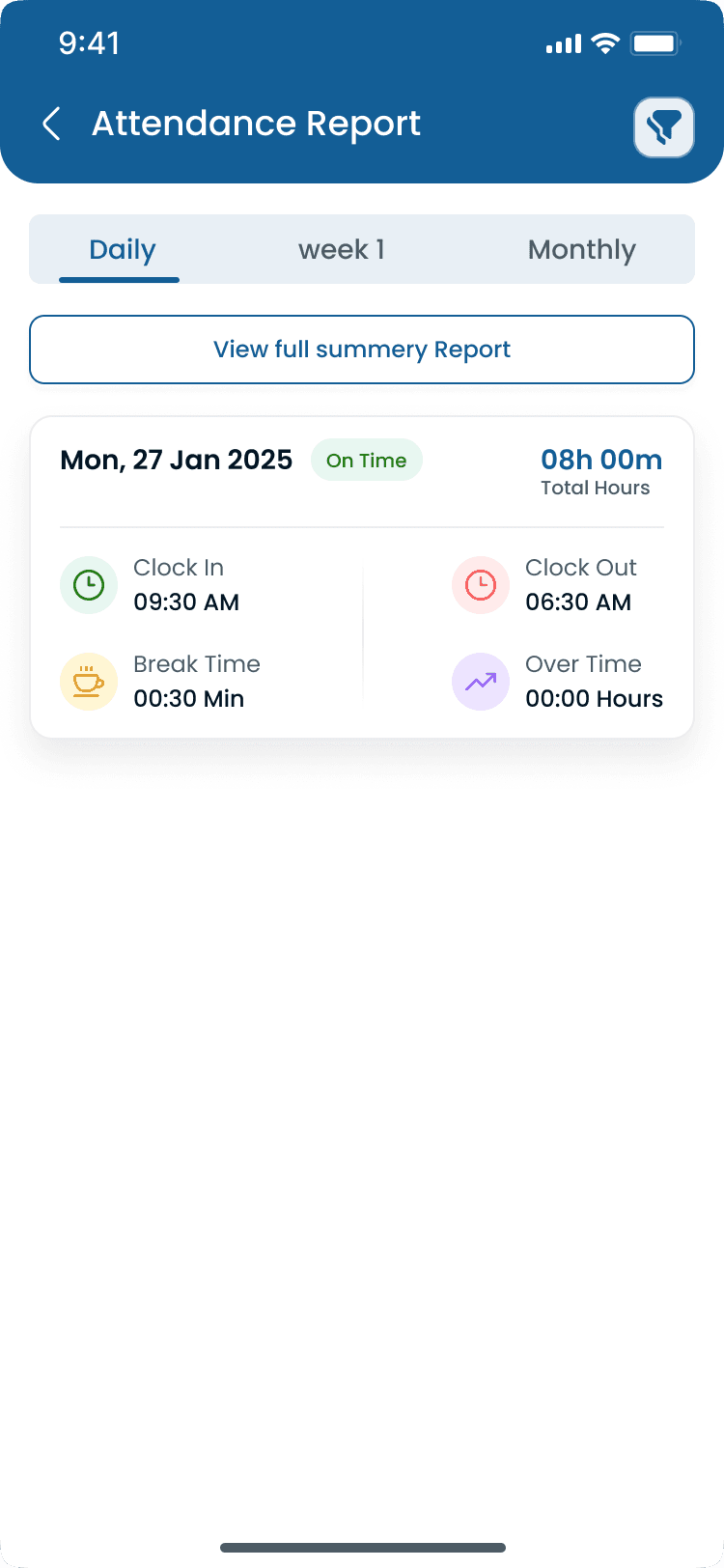 Attendance report on the Heyshift manager mobile app