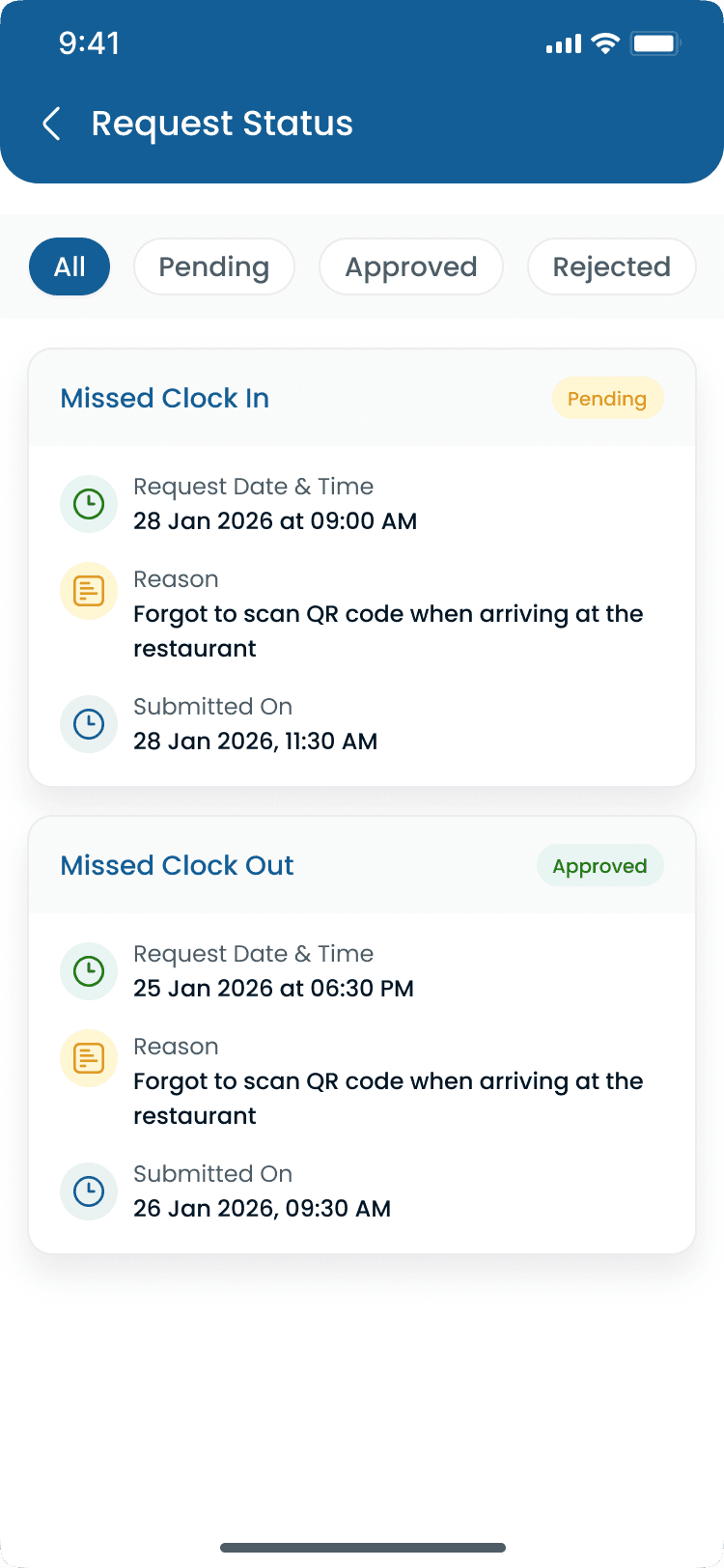 Attendance request status on the Heyshift mobile app