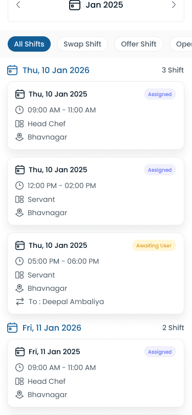 Shift scheduling mobile app showing monthly employee shift calendar