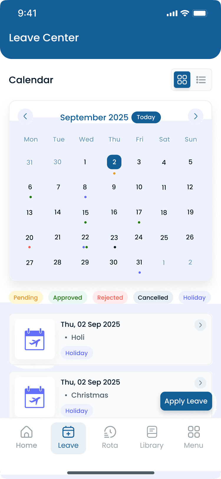 Holiday calendar on the Heyshift mobile app