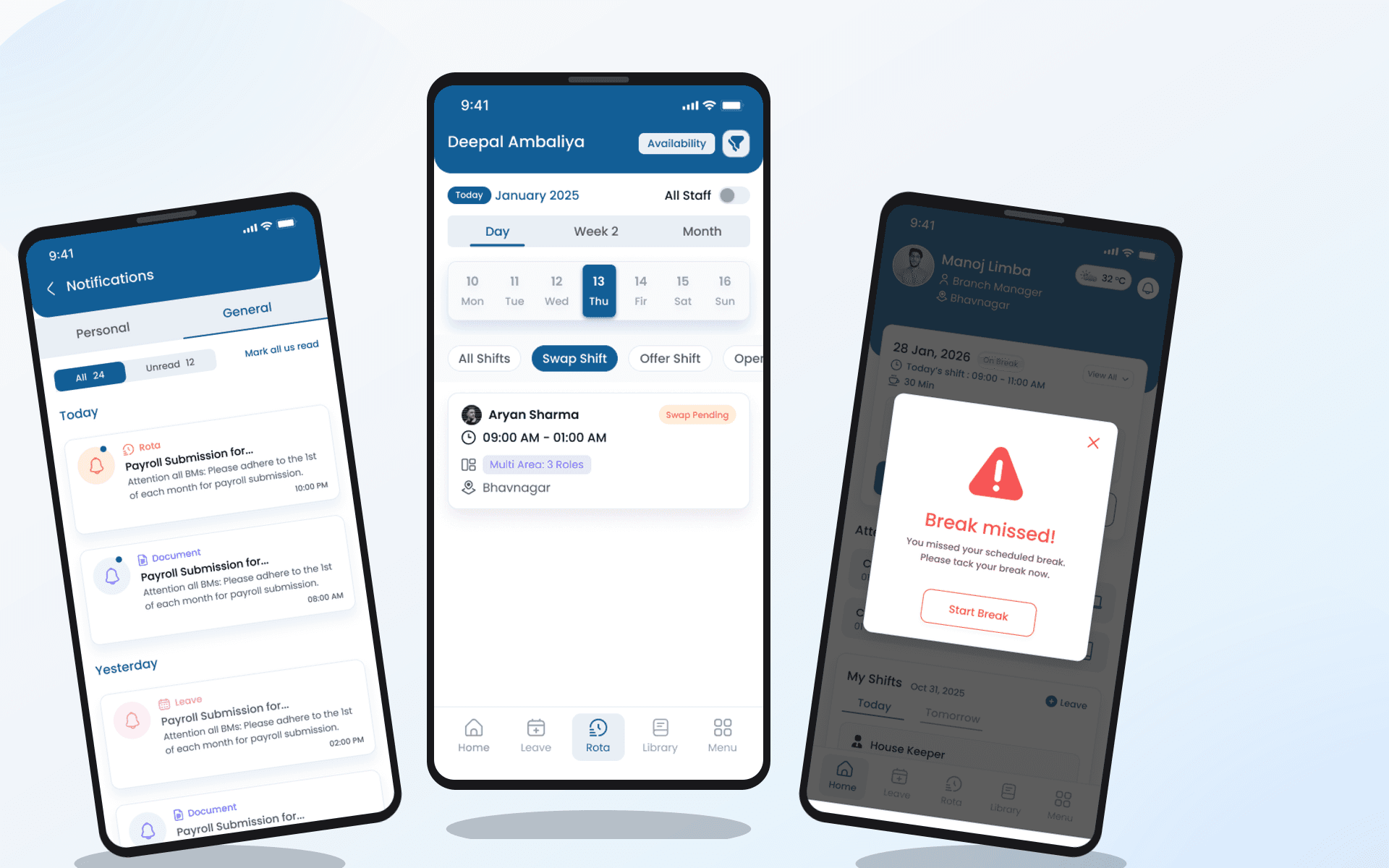 Heyshift notification workflow showing schedule changes triggering push and email alerts with acknowledgement tracking.