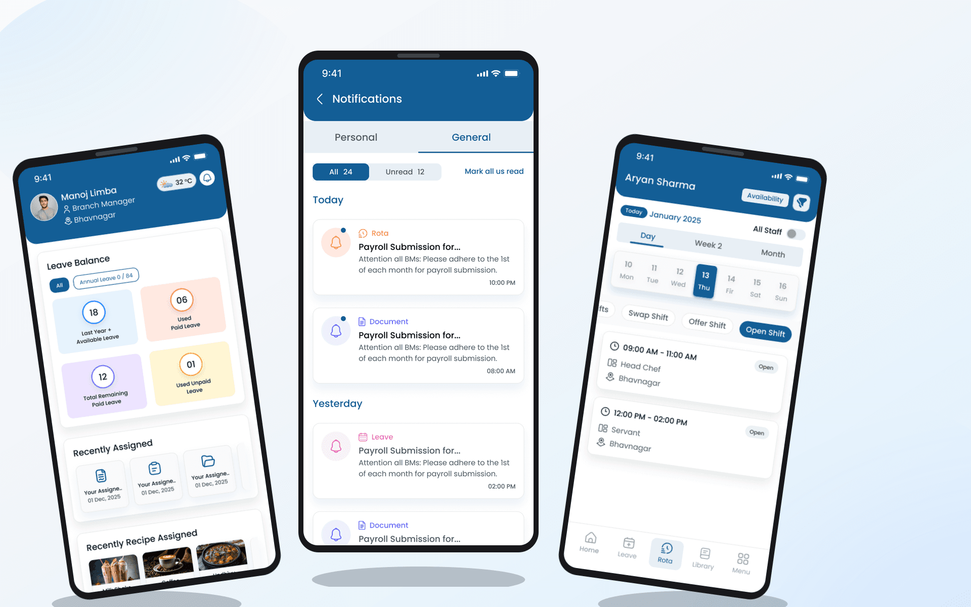 Heyshift mobile schedule view showing upcoming shifts, published updates, and acknowledgement from a staff phone.