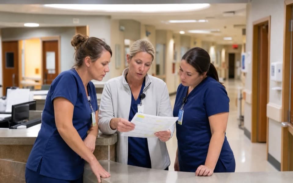 Healthcare staff reviewing a schedule at a hospital nurses station