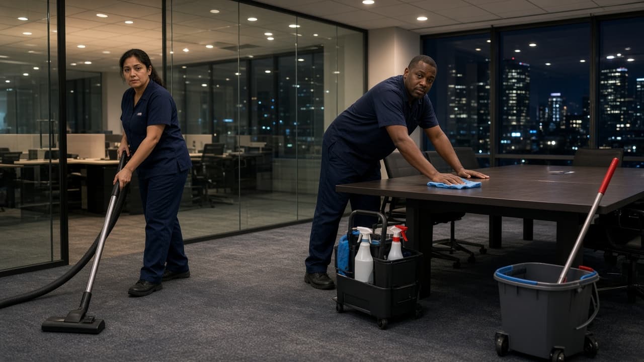 Commercial cleaning crew finishing an evening office floor in a US office tower