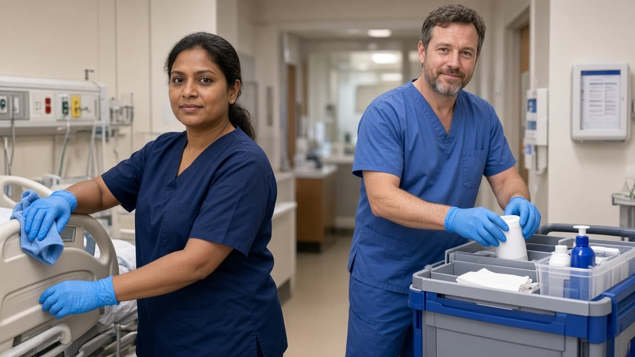 Environmental services staff cleaning a US hospital corridor between shifts
