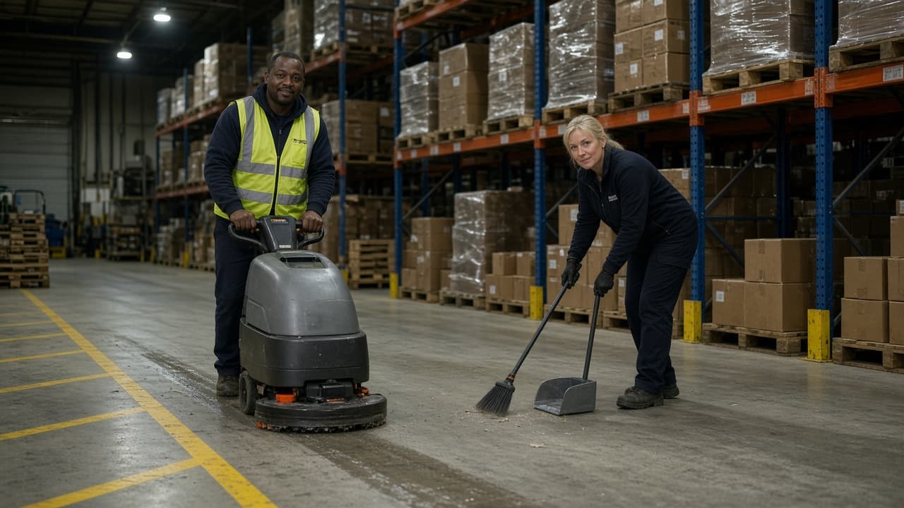 Industrial cleaning crew working a US warehouse floor after production hours