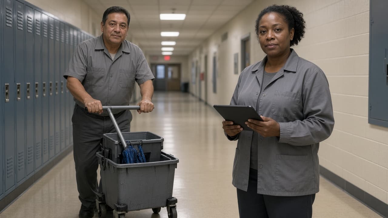 Janitorial crew working an overnight clean in a US commercial lobby