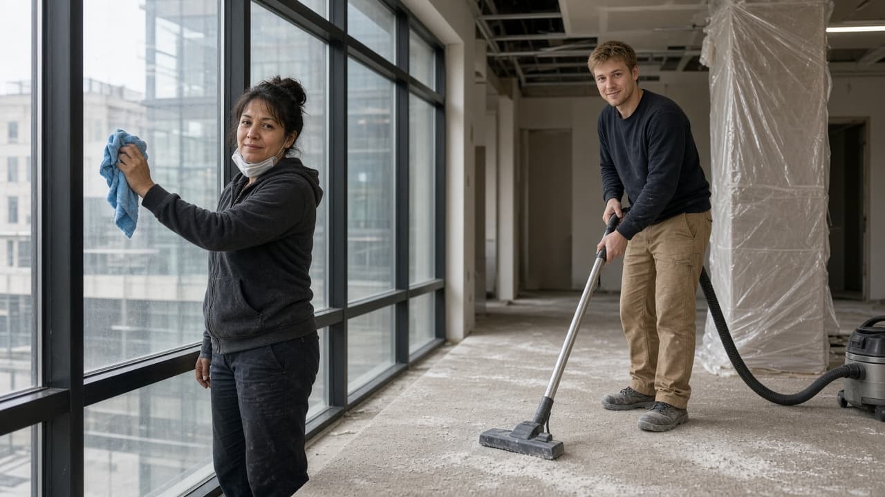 Post-construction cleaning crew finishing a US new-build interior