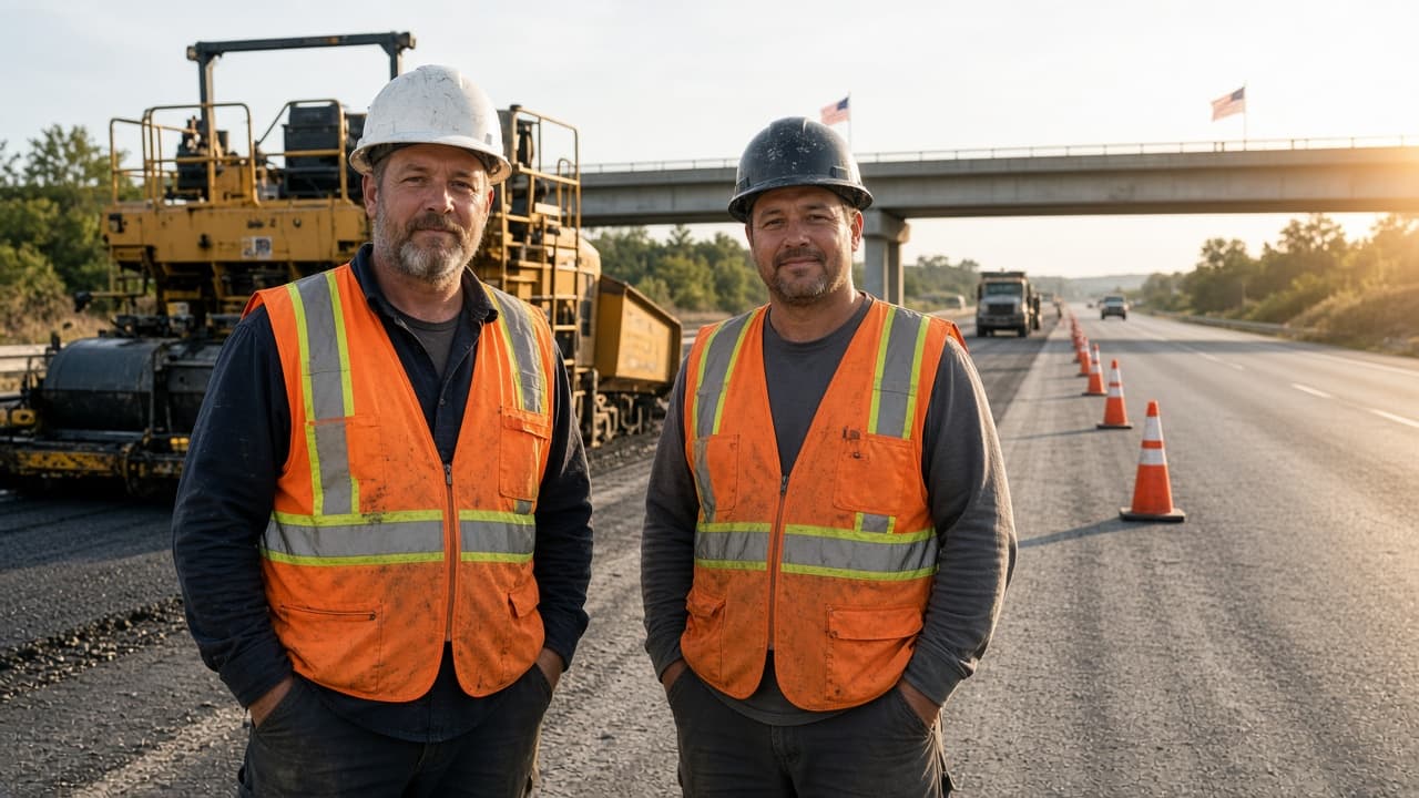 Civil construction road crew on a US highway job with safety vests