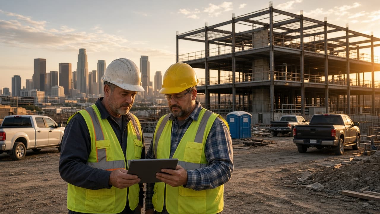 General contractor supervisors reviewing a tablet on a US commercial job site