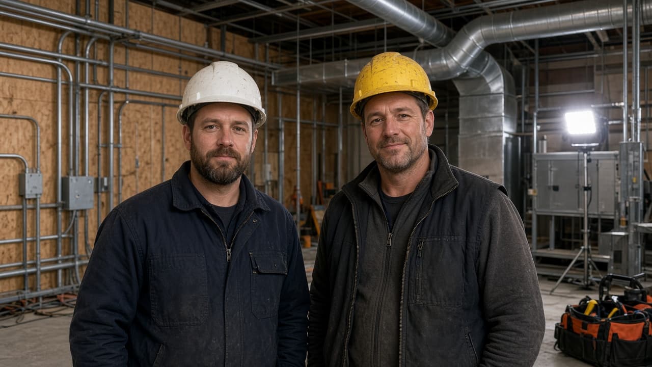 Electrician and HVAC technician on a US commercial mechanical-room job