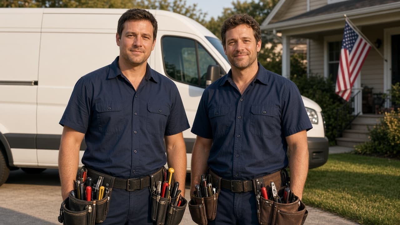 HVAC technicians beside a service van at a US suburban house