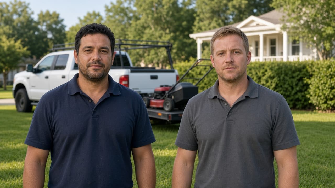 Landscaping crew on a US suburban lawn