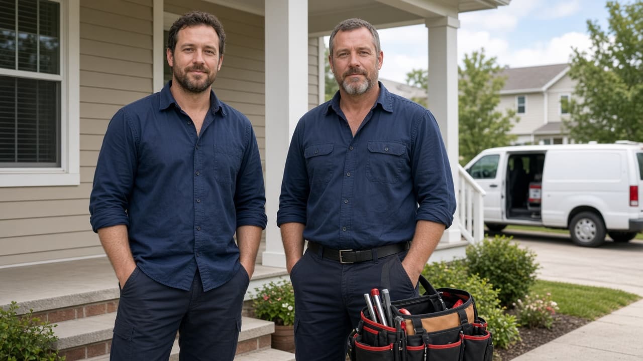 Plumbing technicians on the porch of a US suburban home