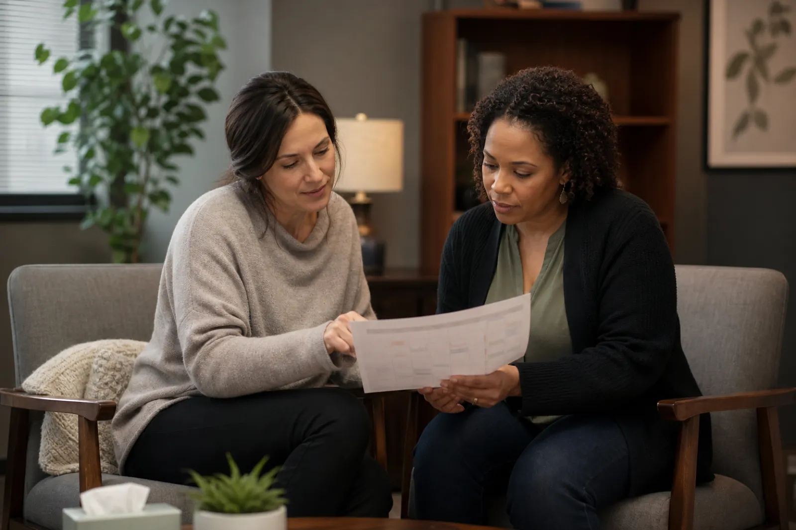 Behavioral health clinicians reviewing a weekly program staff schedule