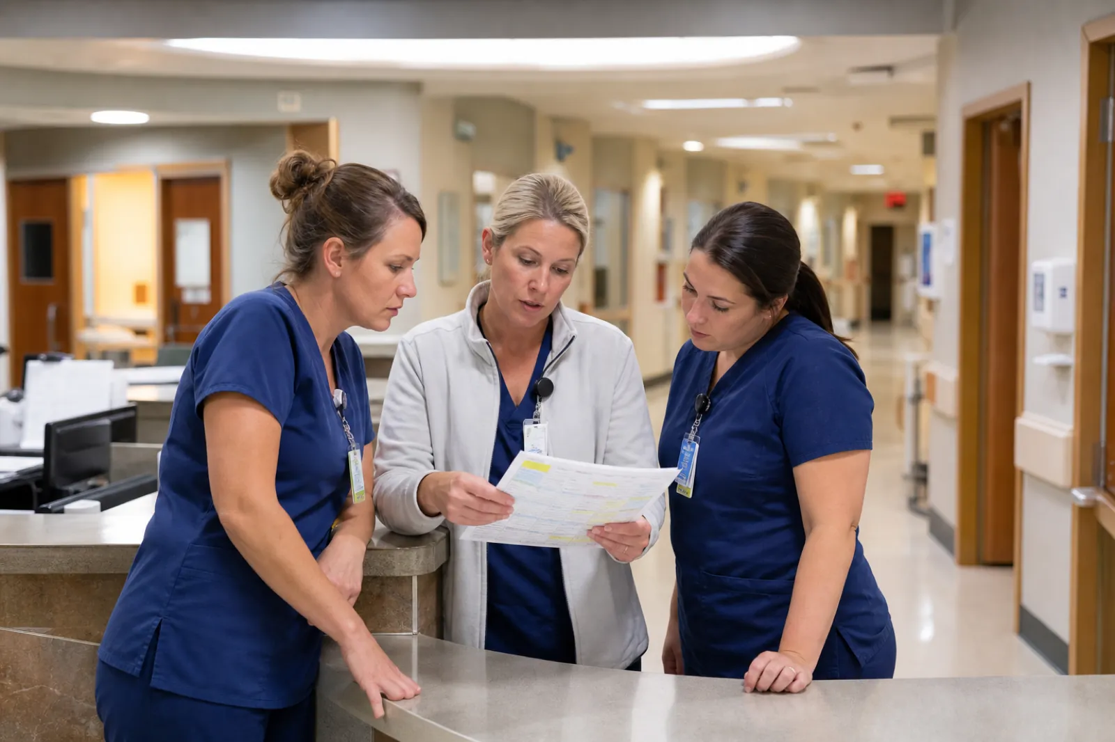Hospital nurses reviewing a unit schedule at the nurses station