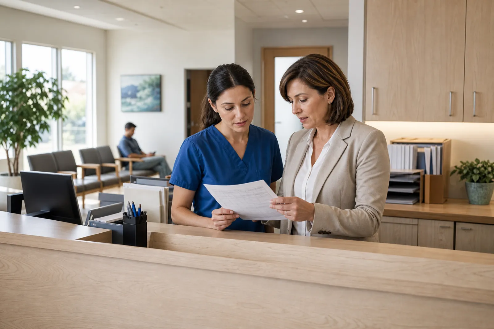 Clinic manager and medical assistant reviewing the day schedule at reception