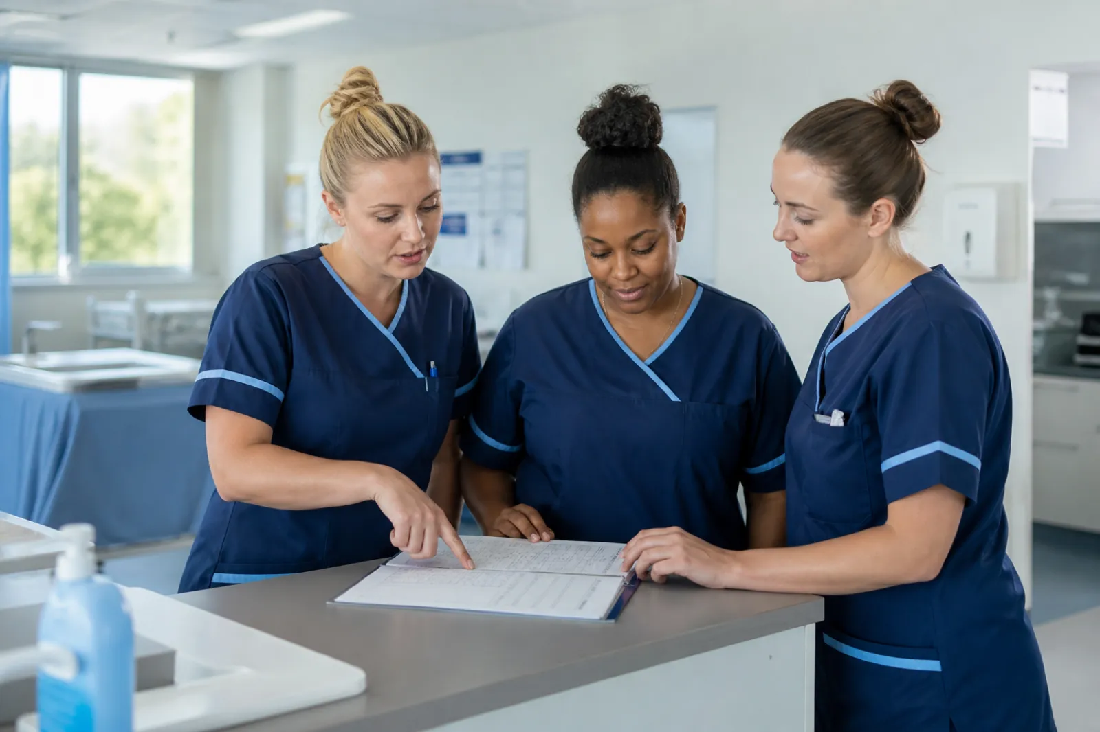 Nursing team huddle reviewing the official staff roster
