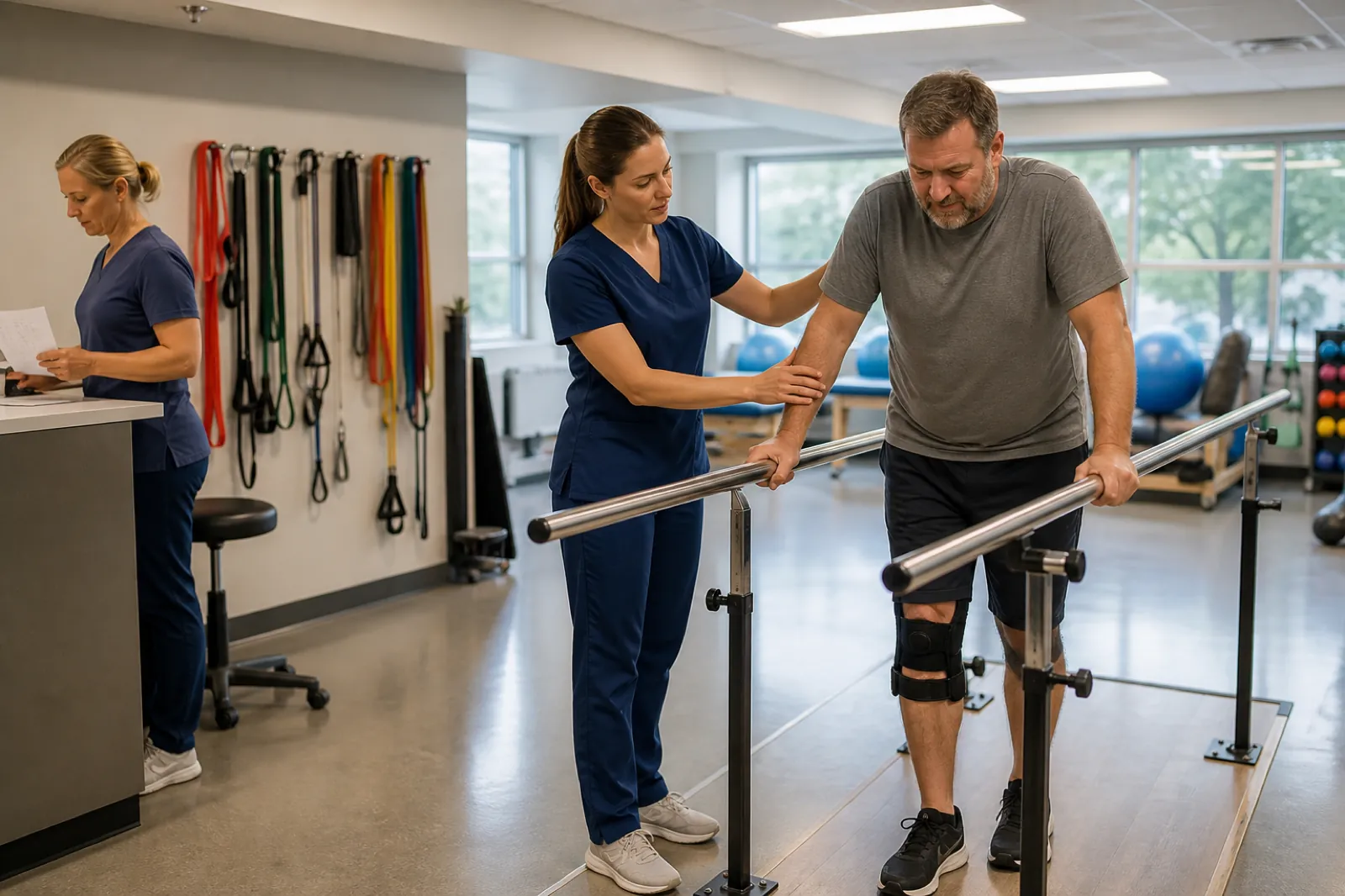 Physical therapist and assistant working with a patient in a rehab gym
