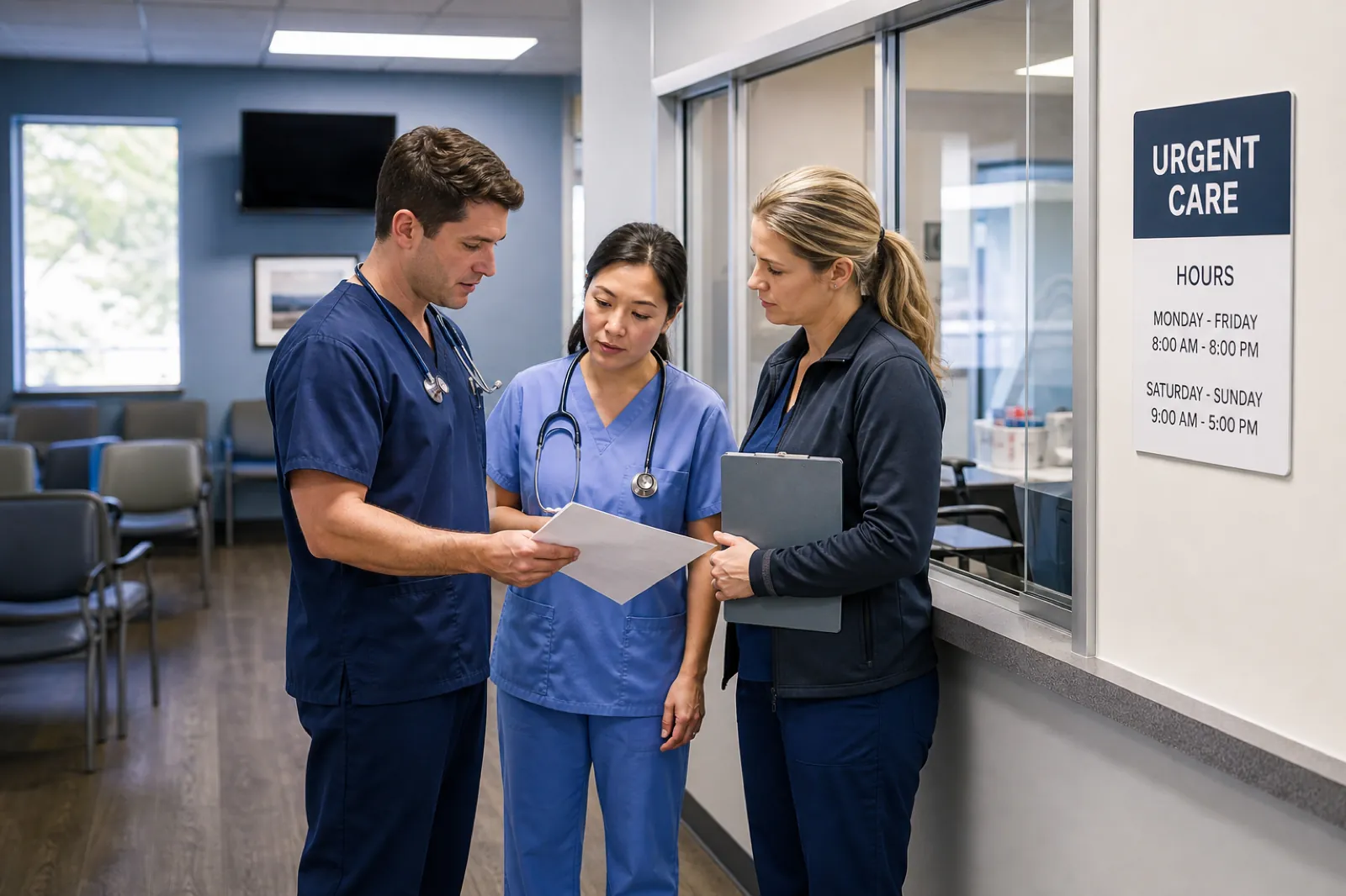 Urgent care clinicians and front desk coordinating evening coverage