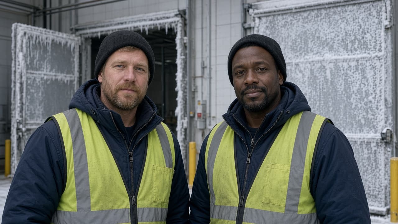 Cold-storage workers at a refrigerated US warehouse dock