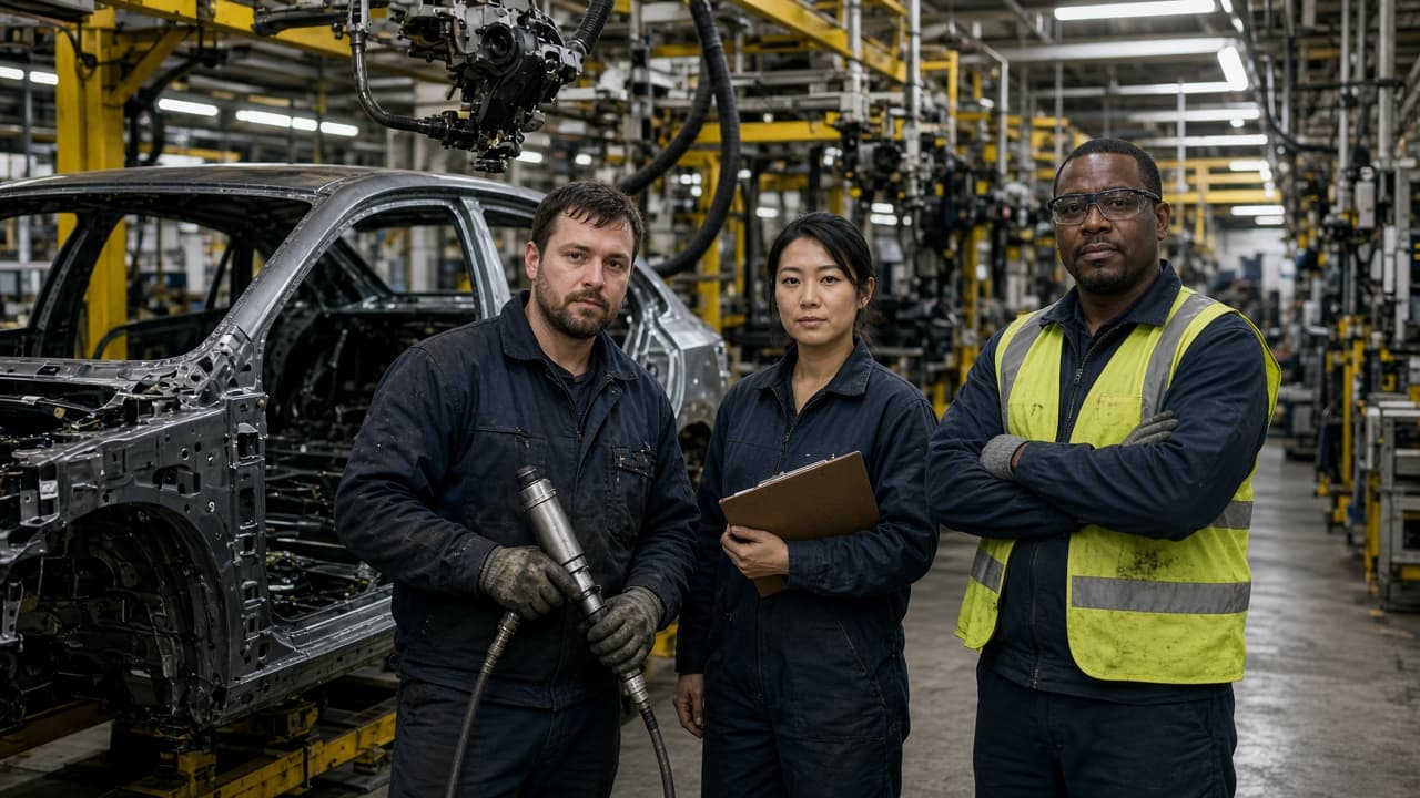 Assemblers and inspectors on a US automotive assembly line