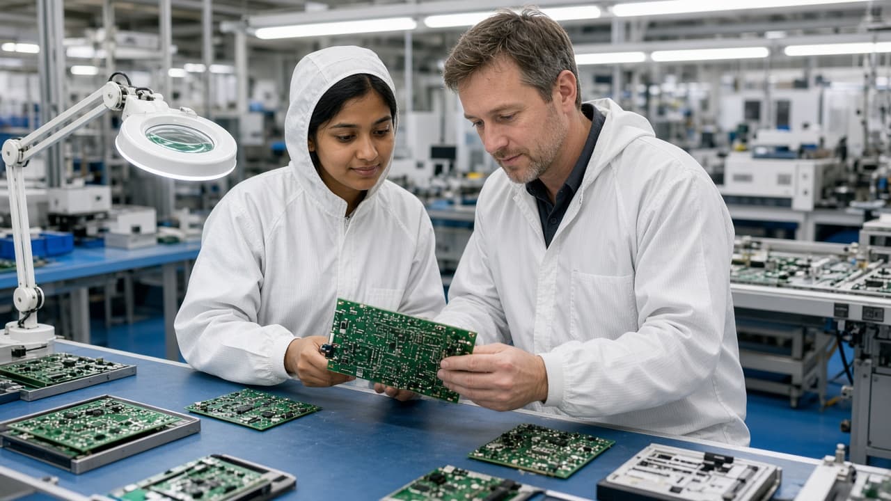 Electronics technicians assembling boards in a US manufacturing plant