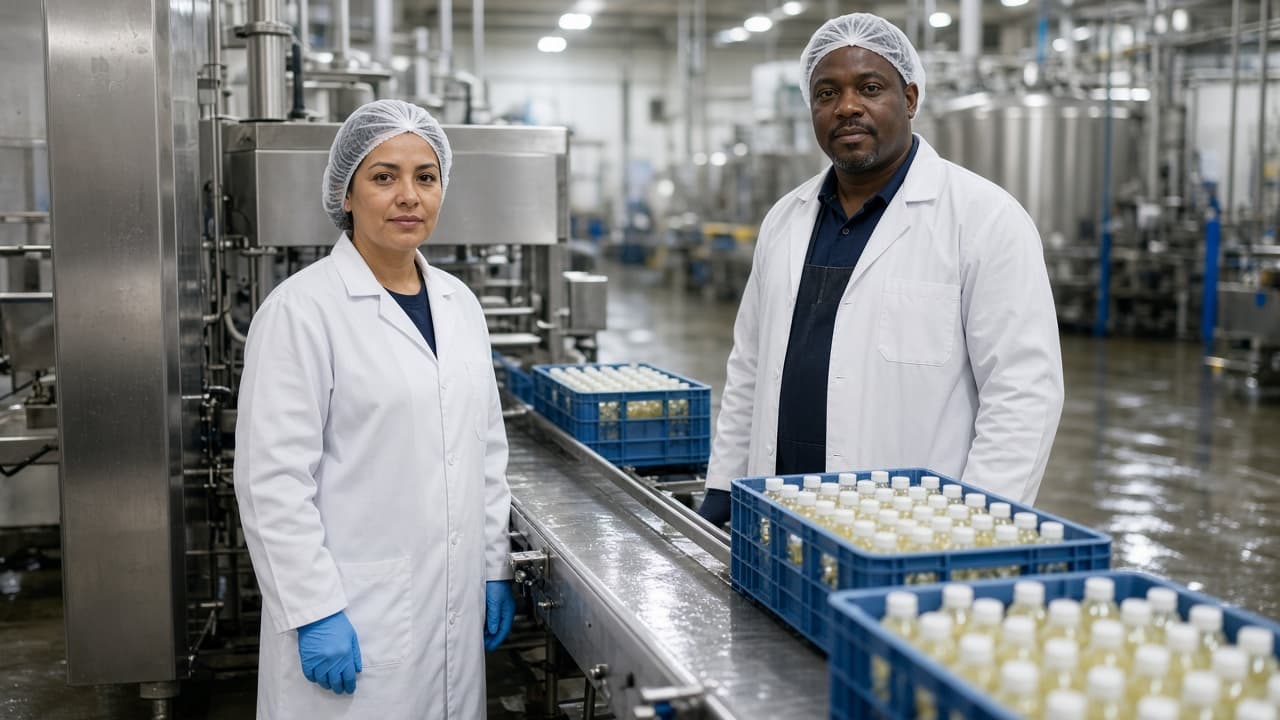 Food production operators on a US bottling and packaging line