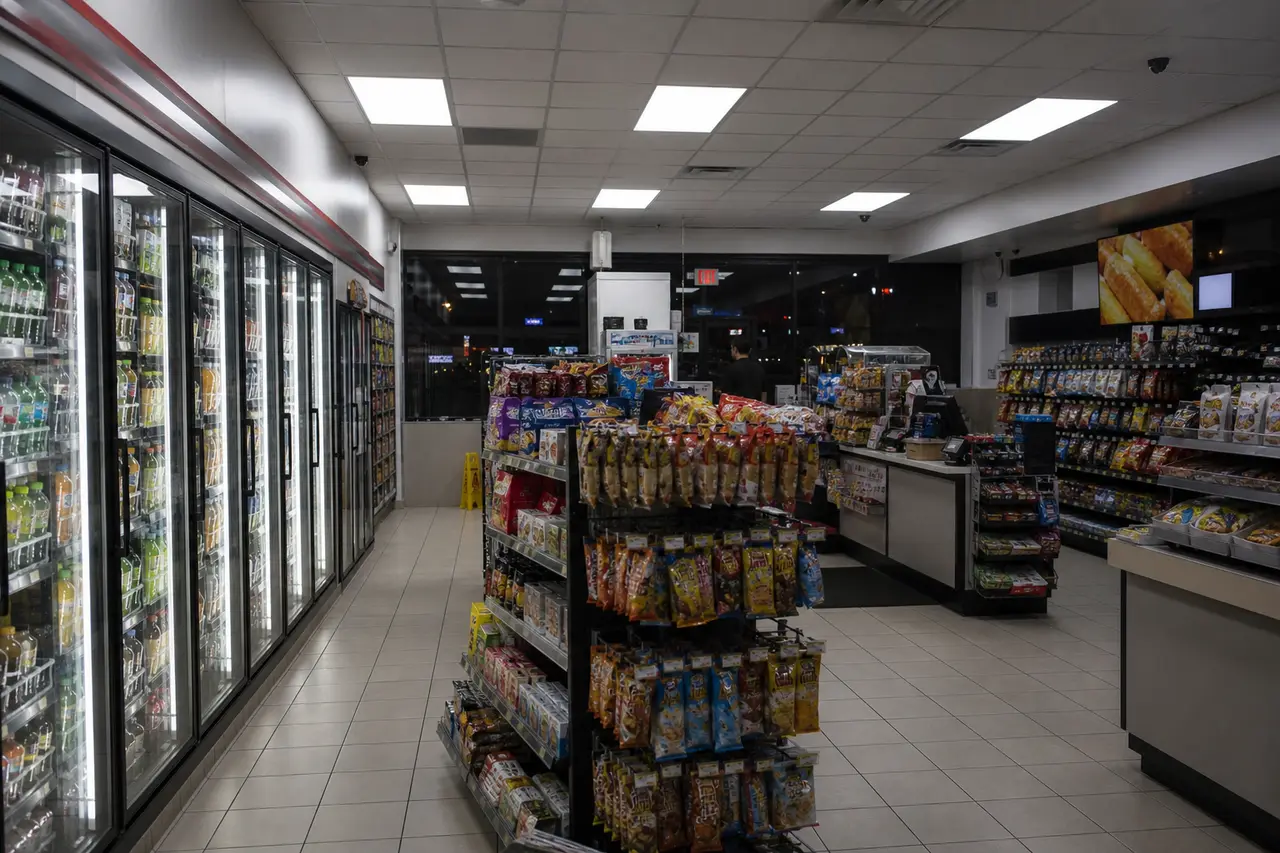 Convenience store interior at night with coolers and a checkout counter