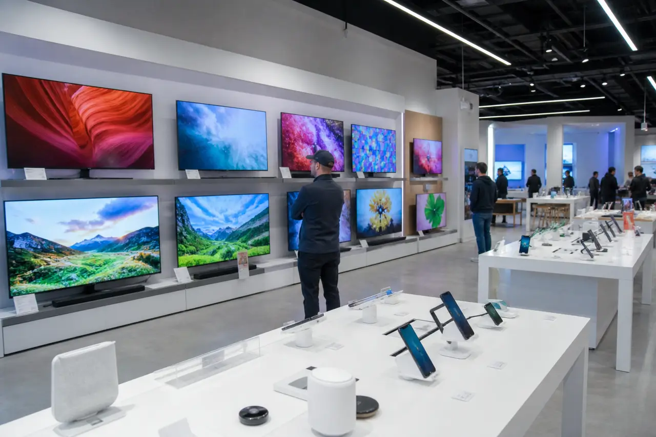 Electronics store interior with a TV wall and gadget tables