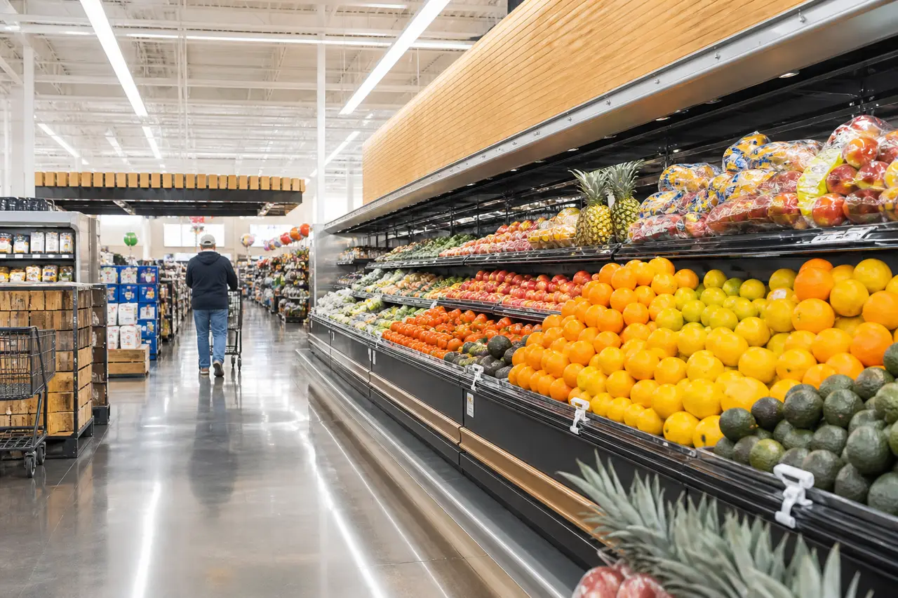Grocery store produce aisle with carts and overhead lighting