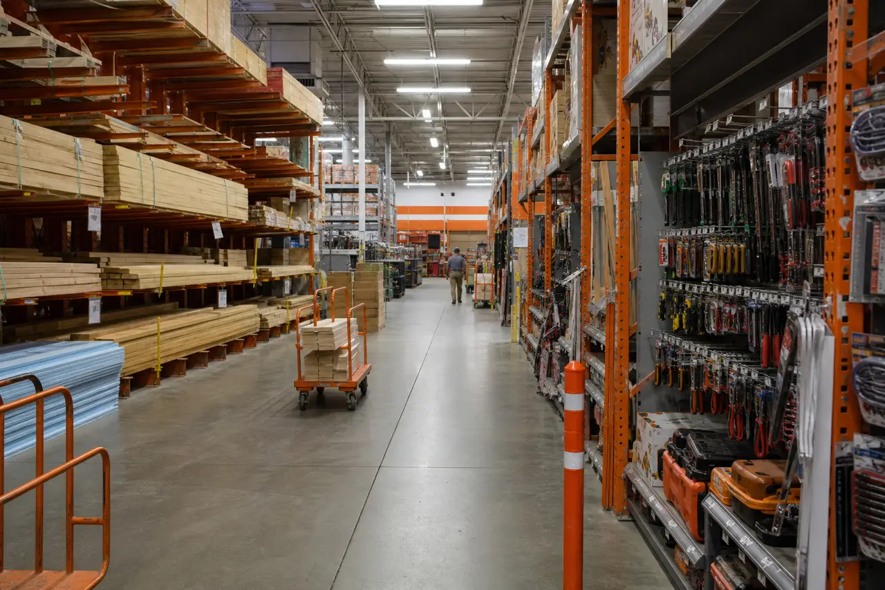 Home improvement warehouse aisle with lumber racks and tool bays
