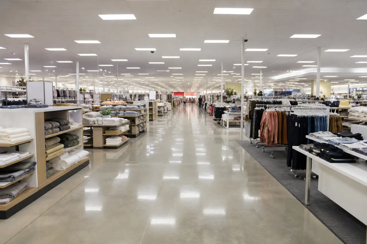 Large multi-department retail store with a long central aisle and checkout lights