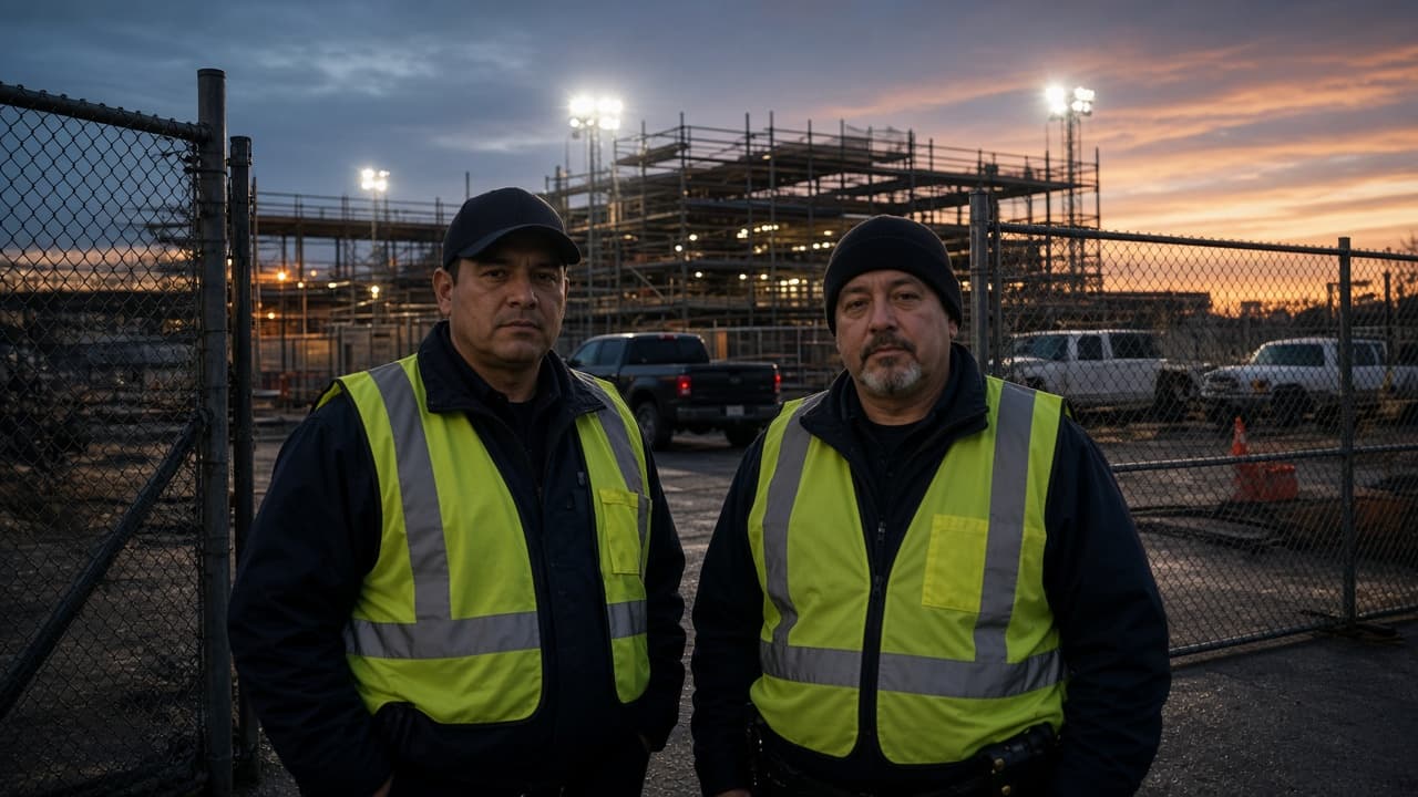Night-shift construction site guards at a US job-site gate