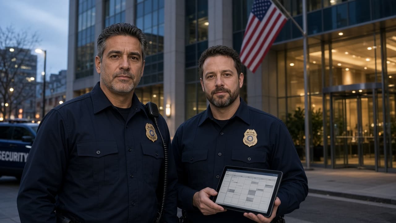 Contract security supervisors reviewing a tablet outside a US office tower
