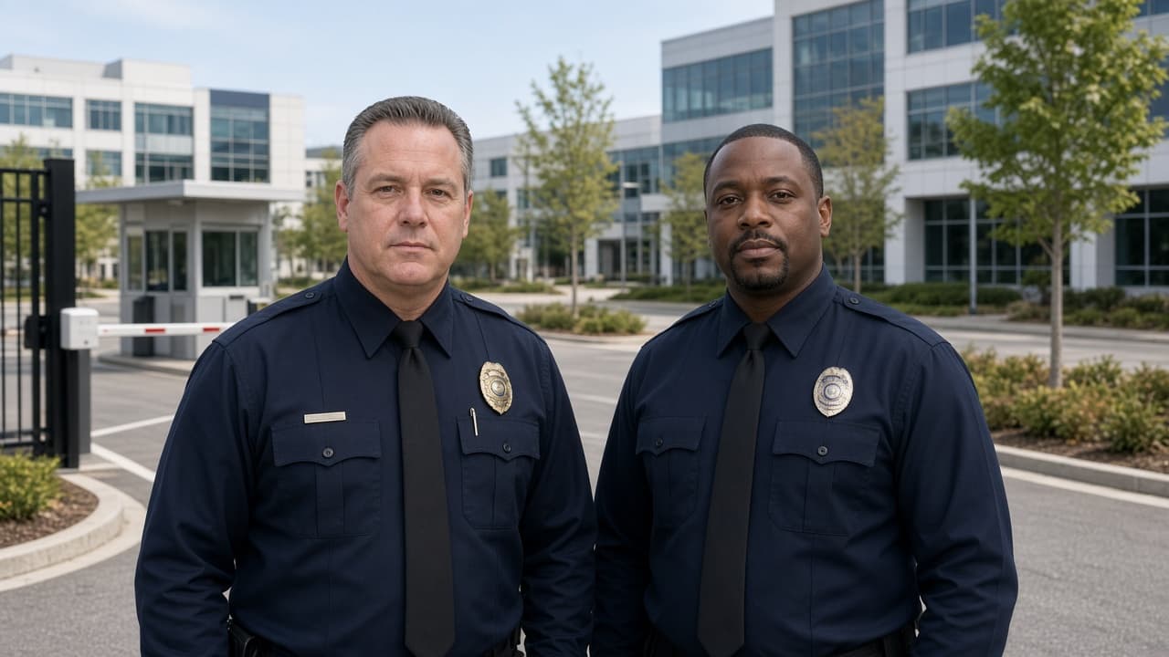 Corporate campus security officers at a US office campus gate