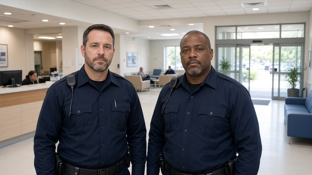 Hospital security officers in a US hospital lobby