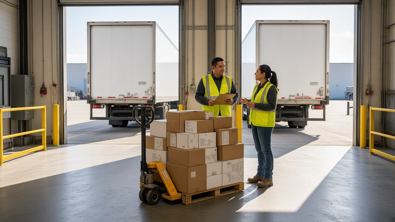 Dock supervisor and crew staging outbound freight at a US 3PL warehouse