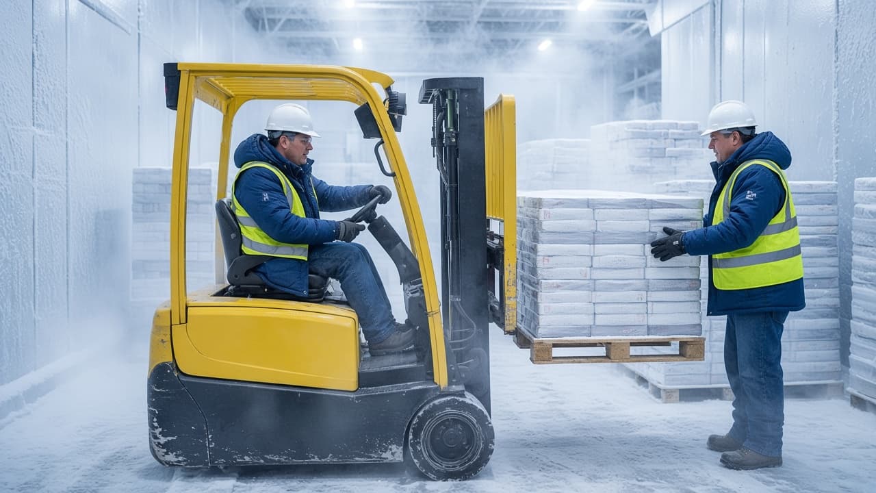 Workers checking pallets in a refrigerated US cold storage warehouse