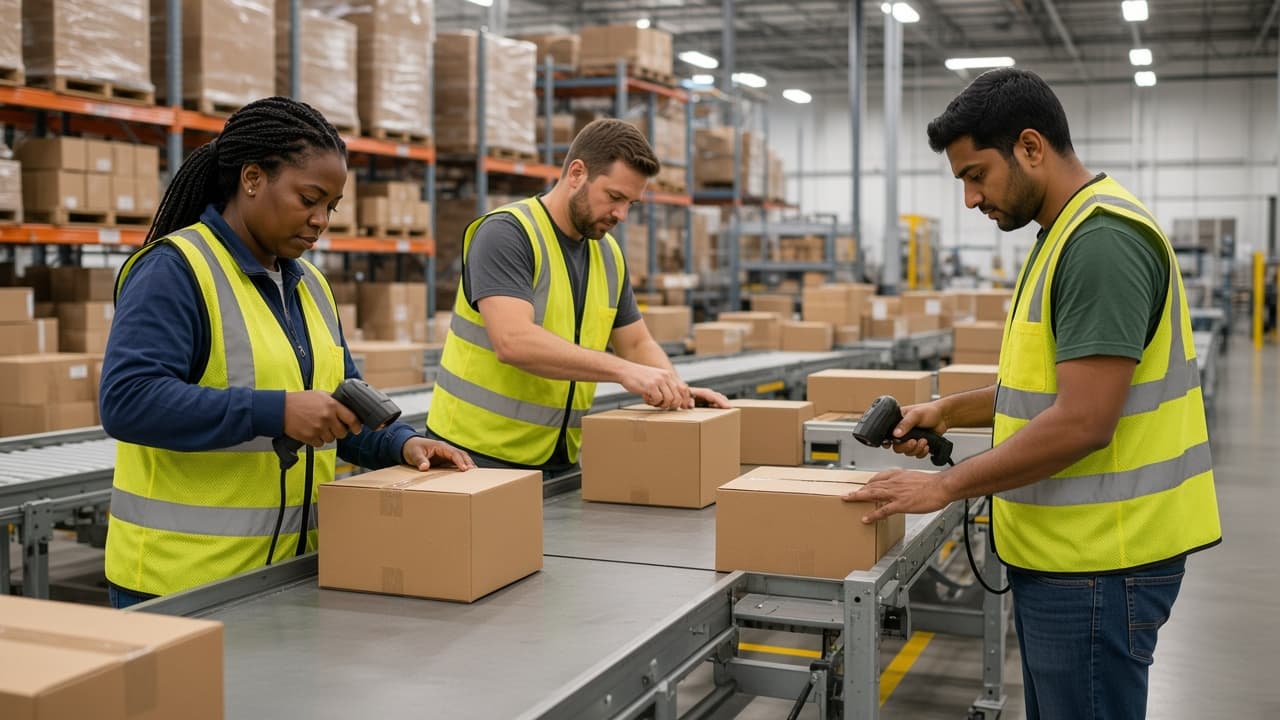 Associates packing orders at stations in a US fulfillment center