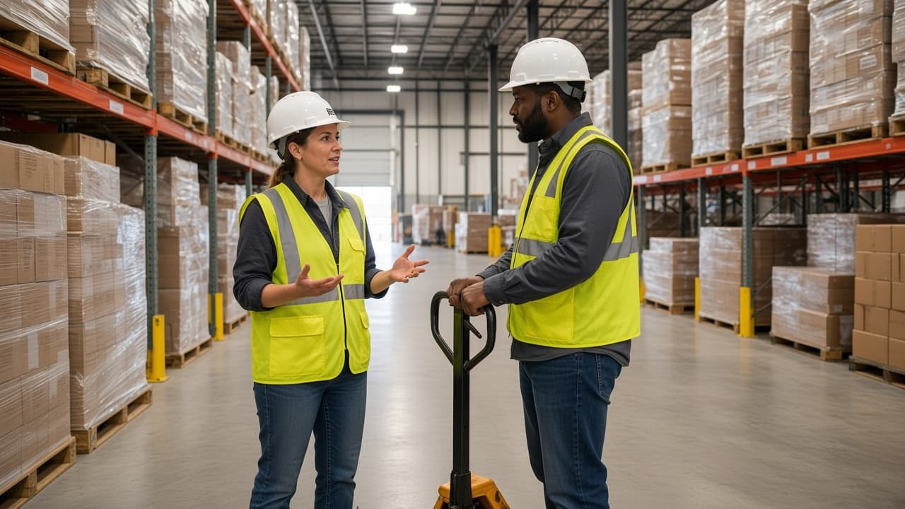 Warehouse operators moving materials beside a US manufacturing floor