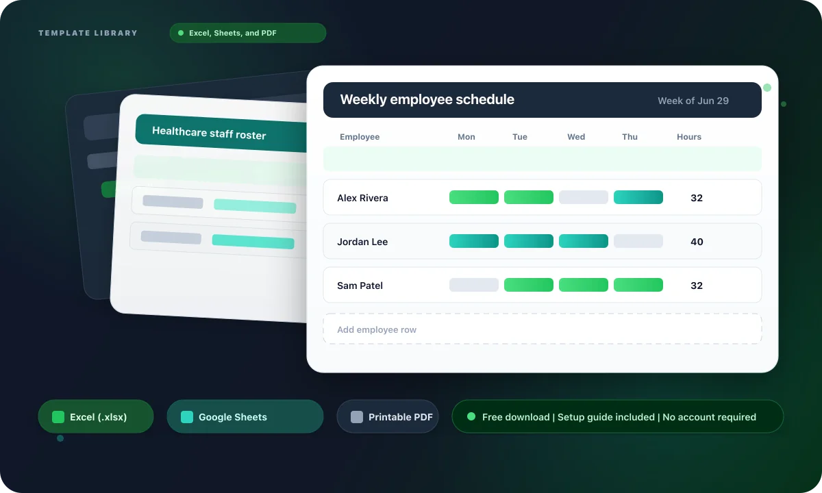 Free scheduling template library with stacked weekly rosters and Excel, Google Sheets, and PDF download formats.